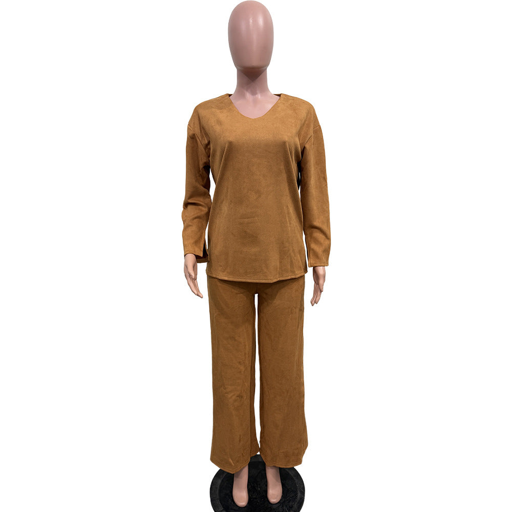 Women Solid Long-Sleeved Slit Two-Piece Set 10