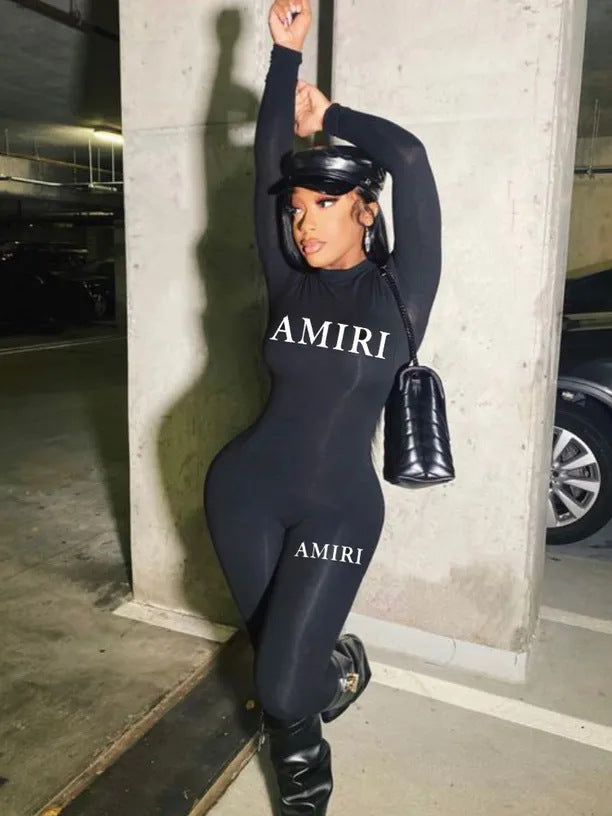 Women Letter Printed Black Casual Yoga Fitness Jumpsuit 7