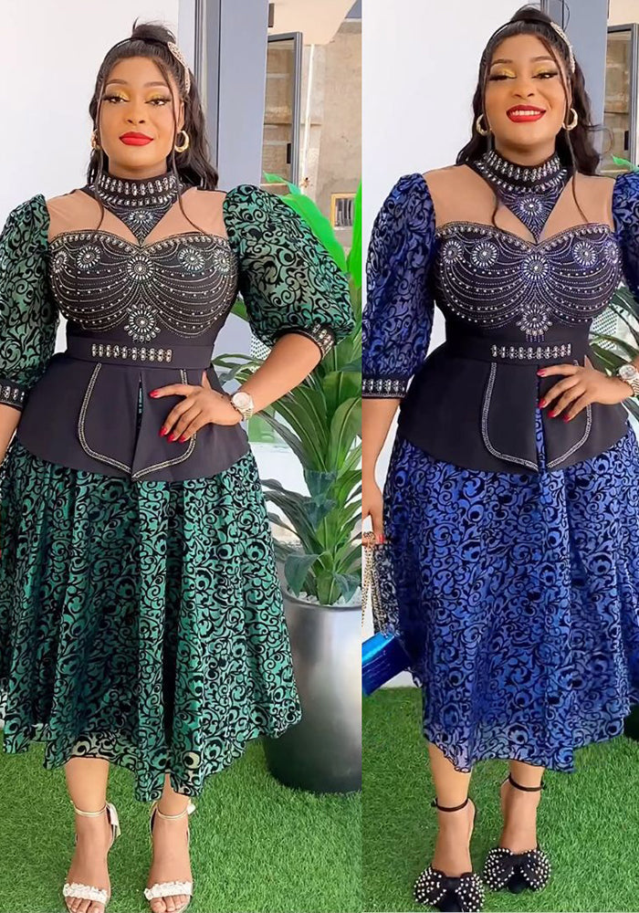 Plus Size Women African Beaded Lace Patchwork Dress
