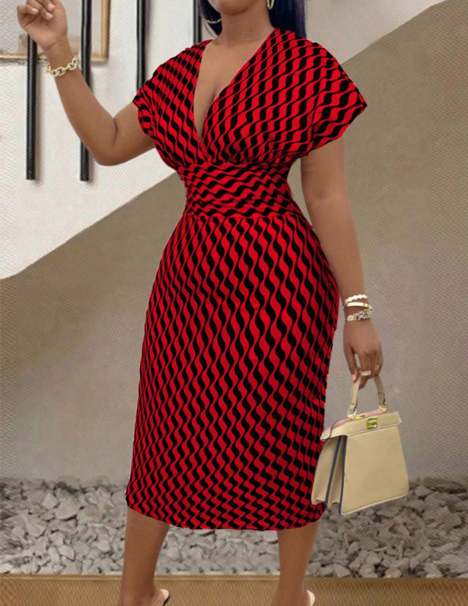 Printed Women's V-Neck High Waist Slim Midi Dress 5