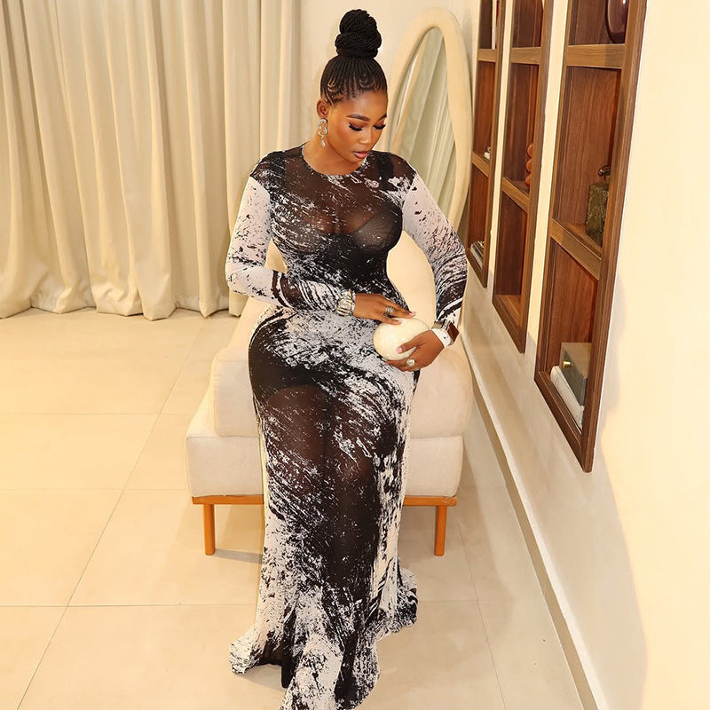 Women Printed Colorblock Round Neck Long Sleeve Bodycon Dress 5