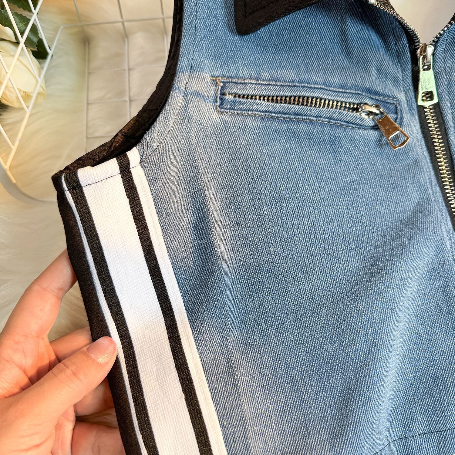 Summer Fashion Sleeveless Short Denim Patchwork Top Wide Leg Trousers Contrast Color Two piece Set for Women 8