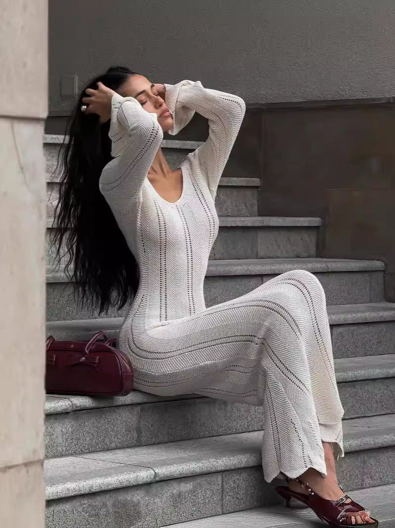 Autumn and winter women's fashion hollow solid color knitting Holidays long dress