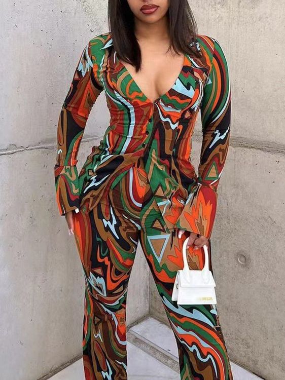 Autumn deep V suit female sexy printed shirt wide-leg pants fashion casual two-piece set 3