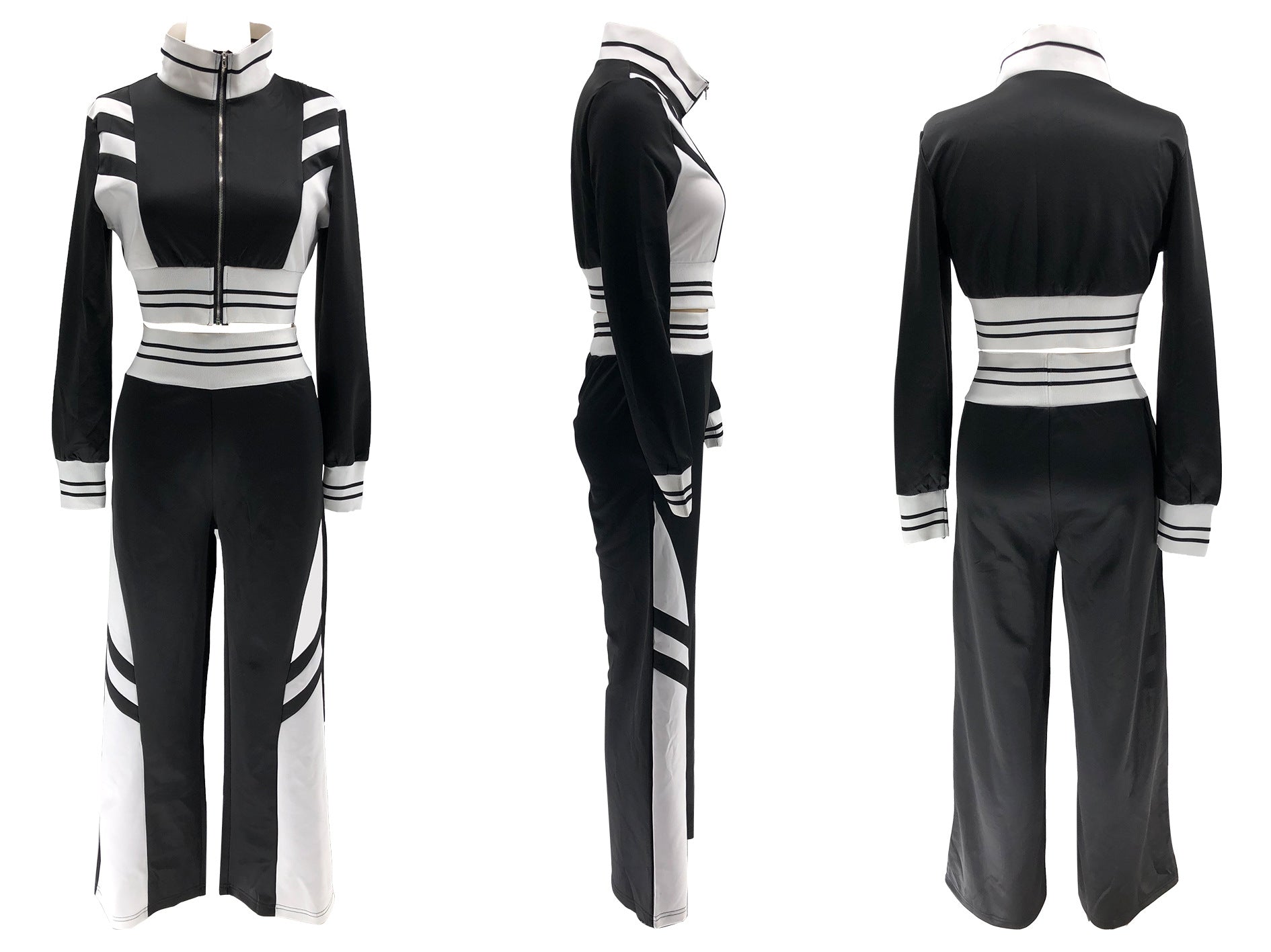 Women autumn and winter high collar zipper Top and Contrast Color trousers Two Piece Set 11