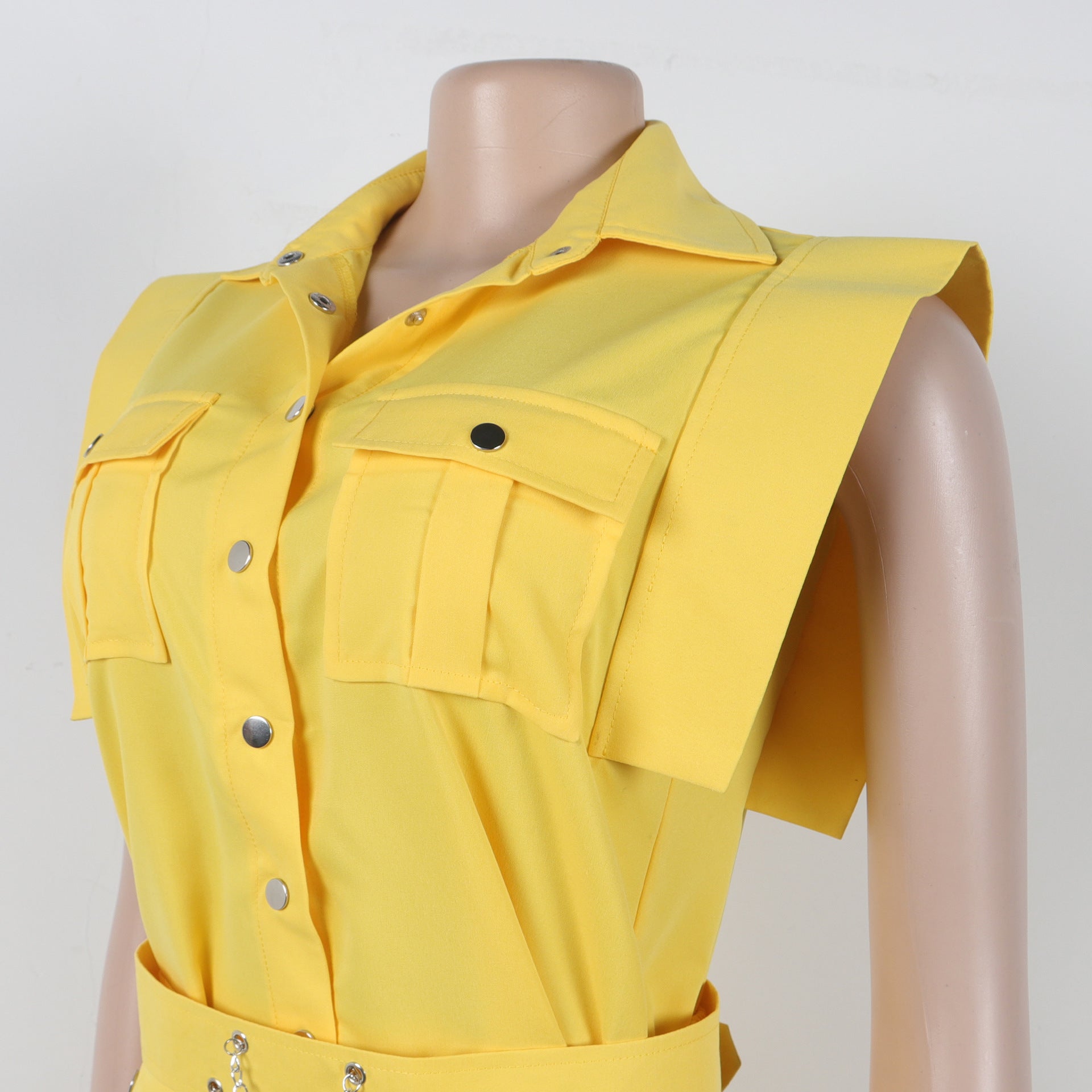 Elegant Career Solid Color Turndown Collar Sleeveless Shirt Slit Long Skirt Two-Piece Set 15