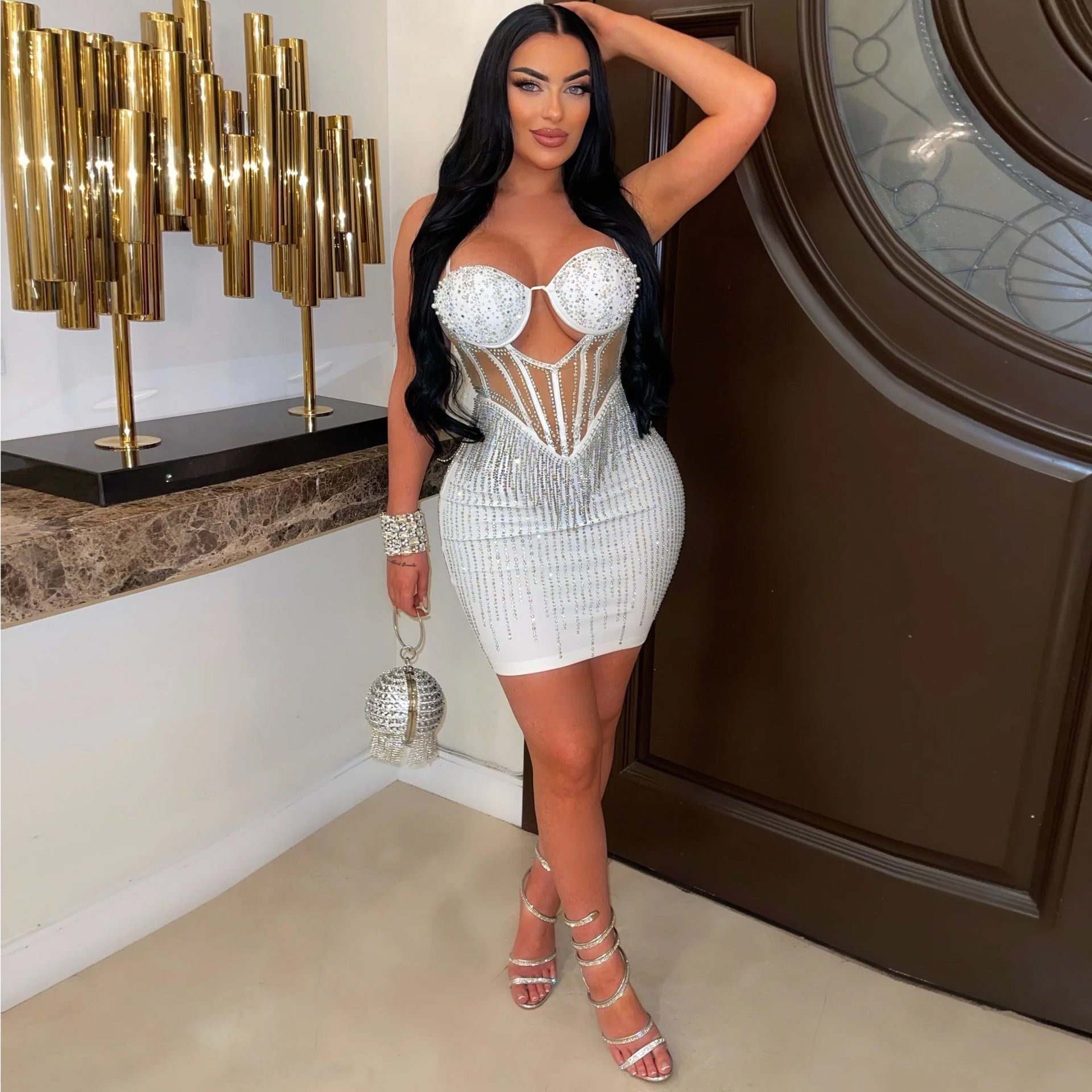 Women Beaded Pearl Hollow Ribbon Bodycon Stretch Strap Dress 3