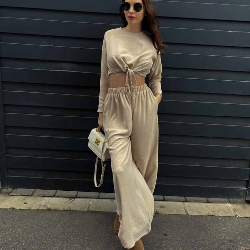 Women Solid Lace Up Long Sleeve Crop Top Wide Leg Pants Two Piece Set 5