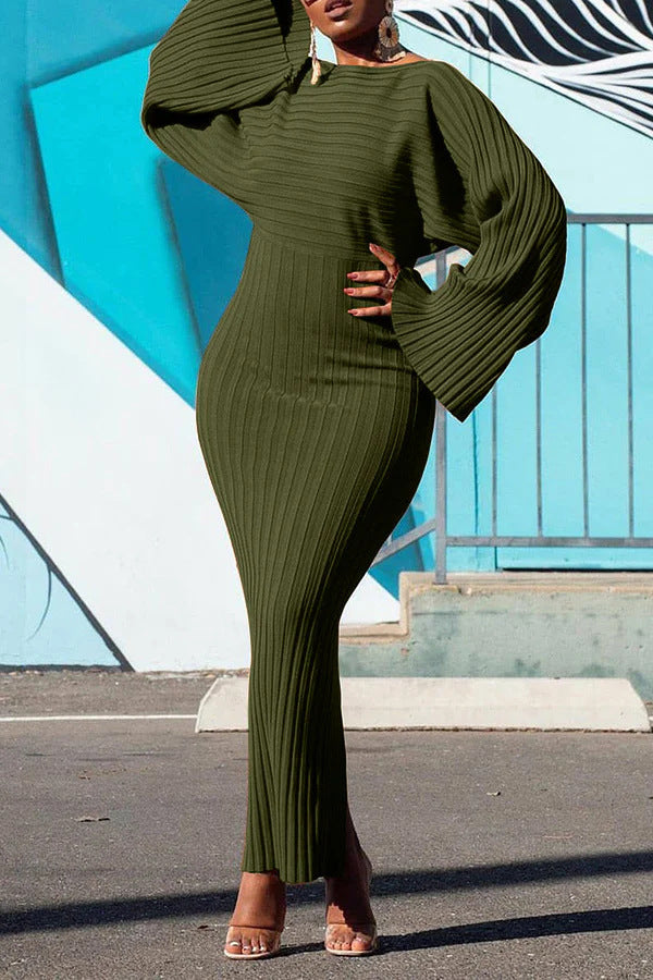 Spring Long Sleeve Solid Color Ribbed Bodycon Dress 5