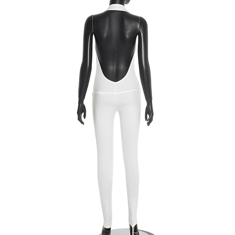 Women's Spring Summer Halter Neck Deep V-Neck Large Low Back Sleeveless Solid Color Jumpsuit 9