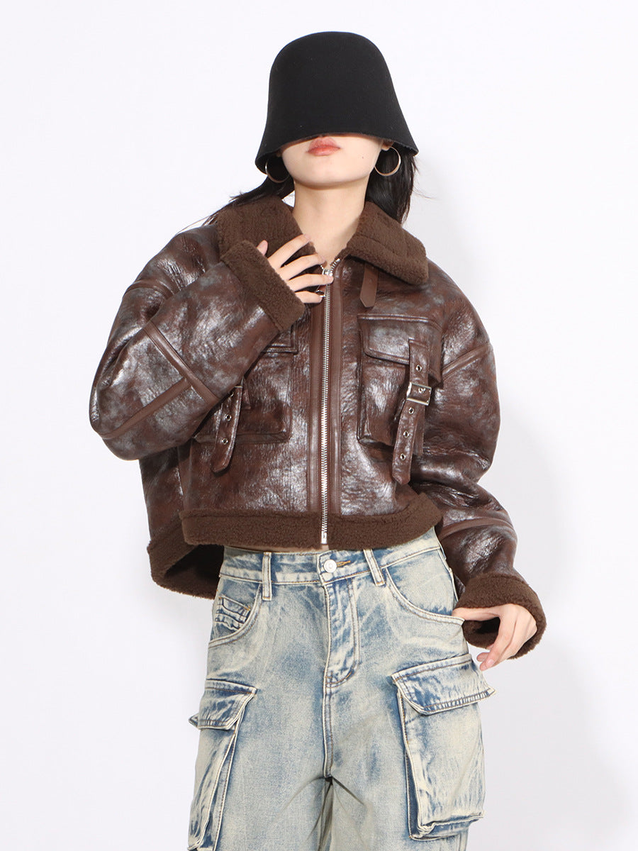 Autumn and winter fashion Chic fur pocket decoration Turndown Collar short jacket 7