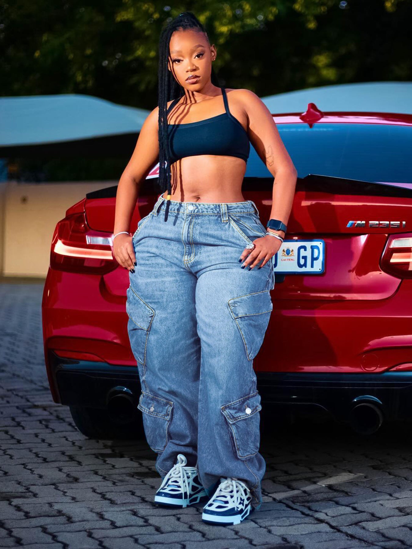 Fashion Light Blue Multi-Pocket Loose Denim Pants