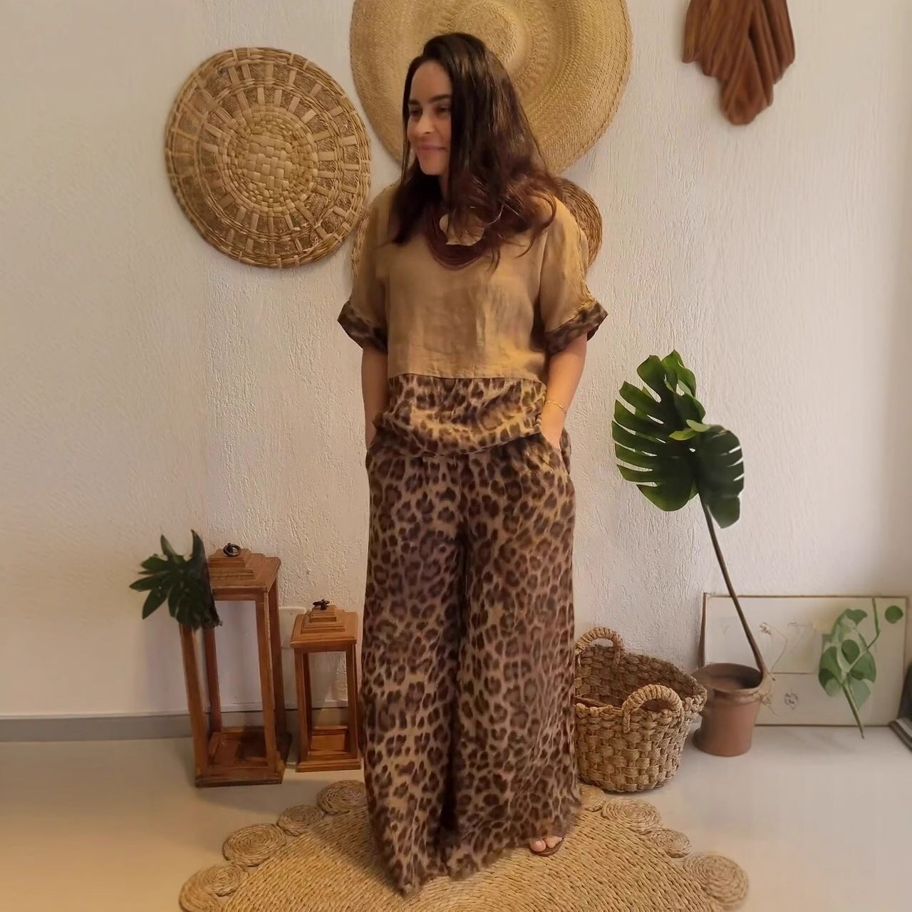 Women's Fashion Loose Patchwork Short-Sleeve Top & High-Waist Wide-Leg Pants Set 5