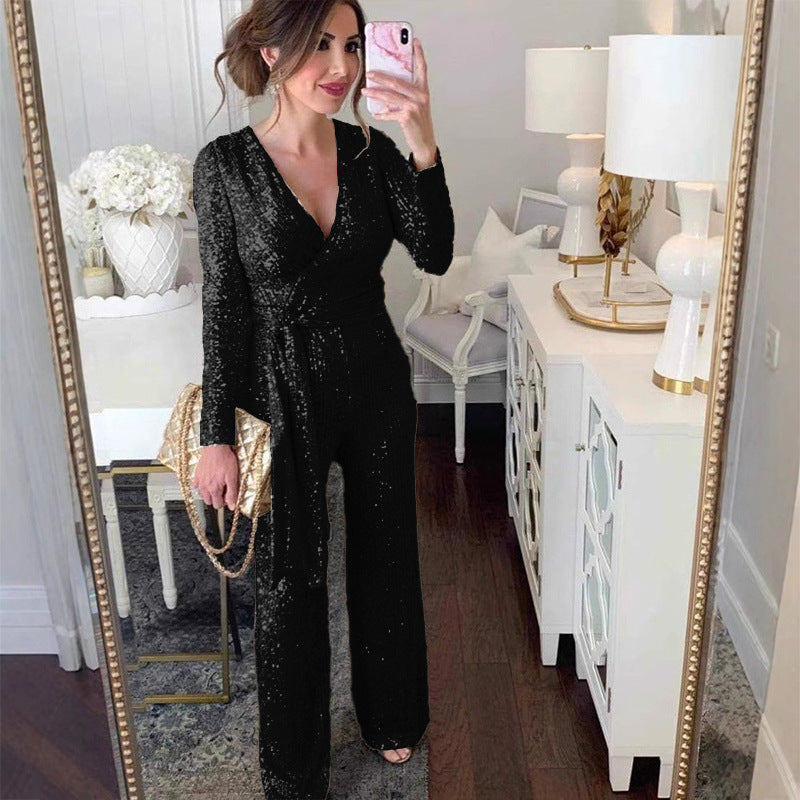 Women V Neck Long Sleeve Sparkling Sequin Jumpsuit 3