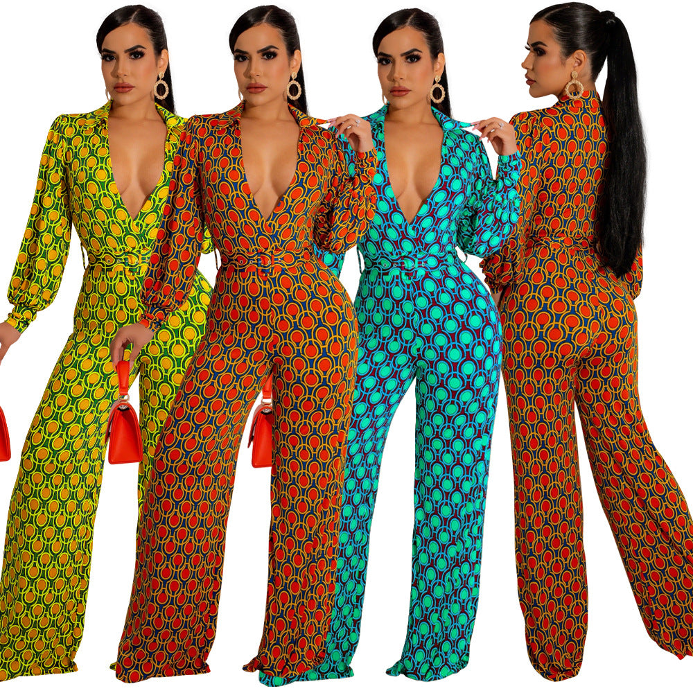 Women'S Winter Casual Fashion Print Deep V Neck Jumpsuit