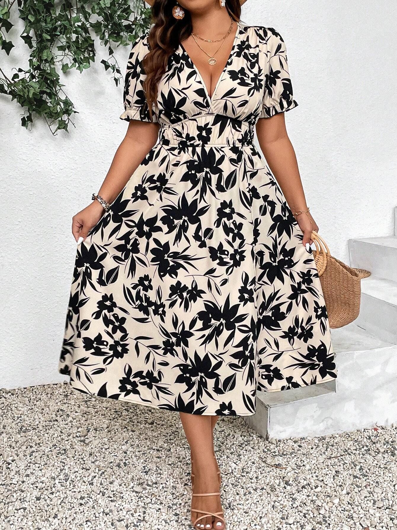 Plus Size Women's V-Neck High Waist Printed Dress 3