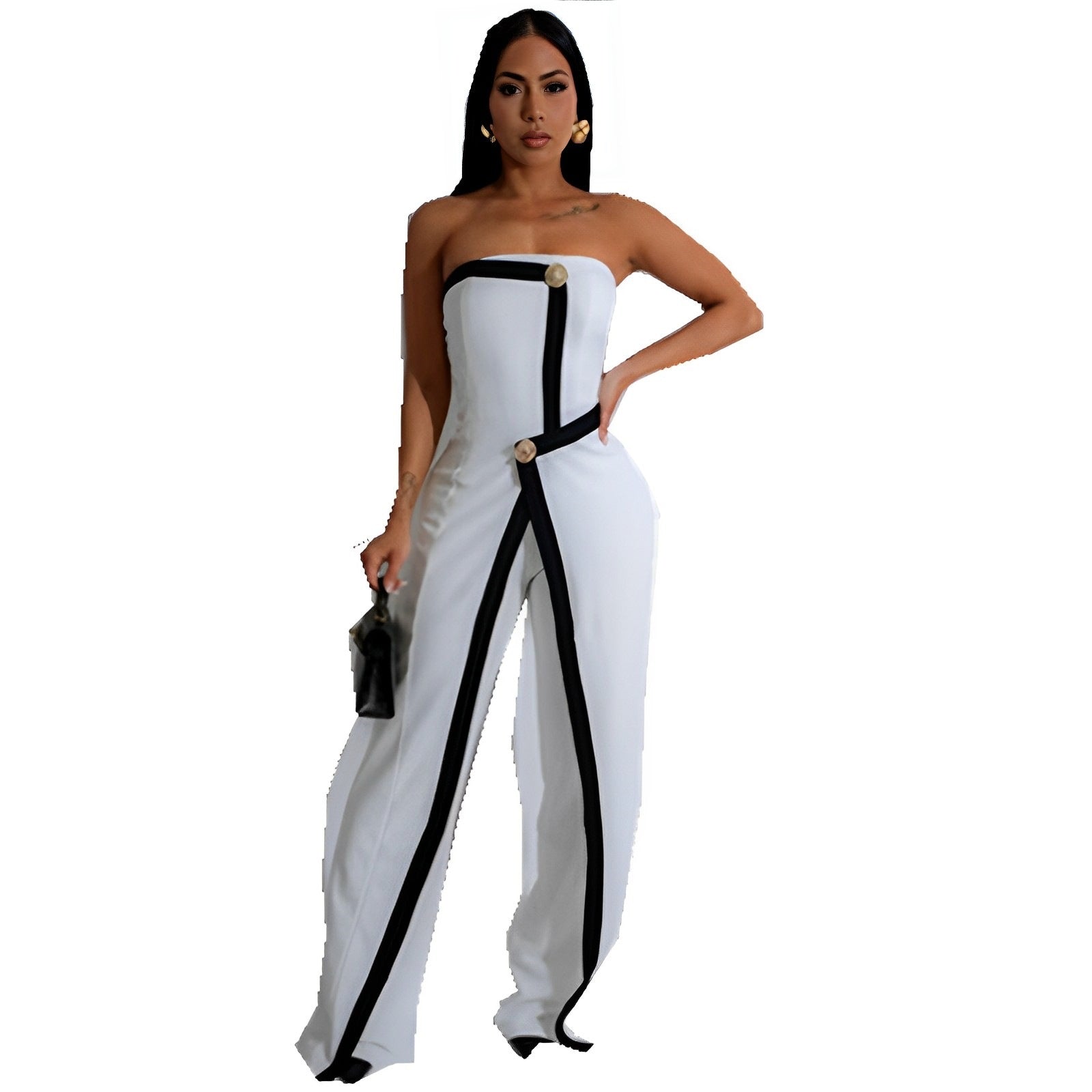 Fashion Women's Clothing Strapless Sexy Slim High Waist Contrast Color Jumpsuit 5