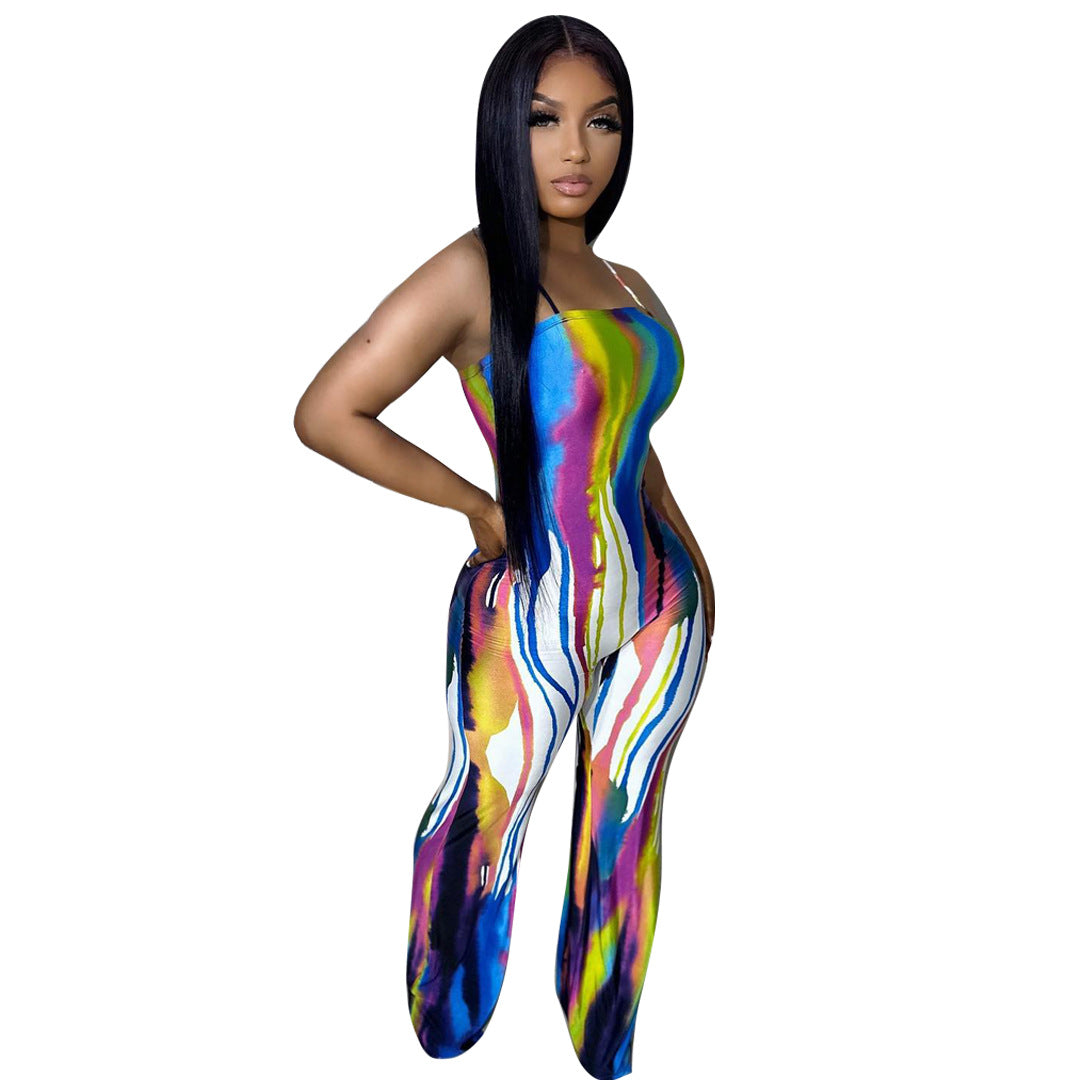 Sexy Suspender Graffiti Positioning Print Wide Leg Jumpsuit 4