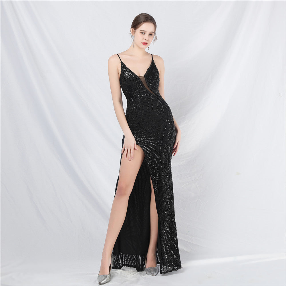 luxury beaded sequin mesh See-Through strap long evening dress 4