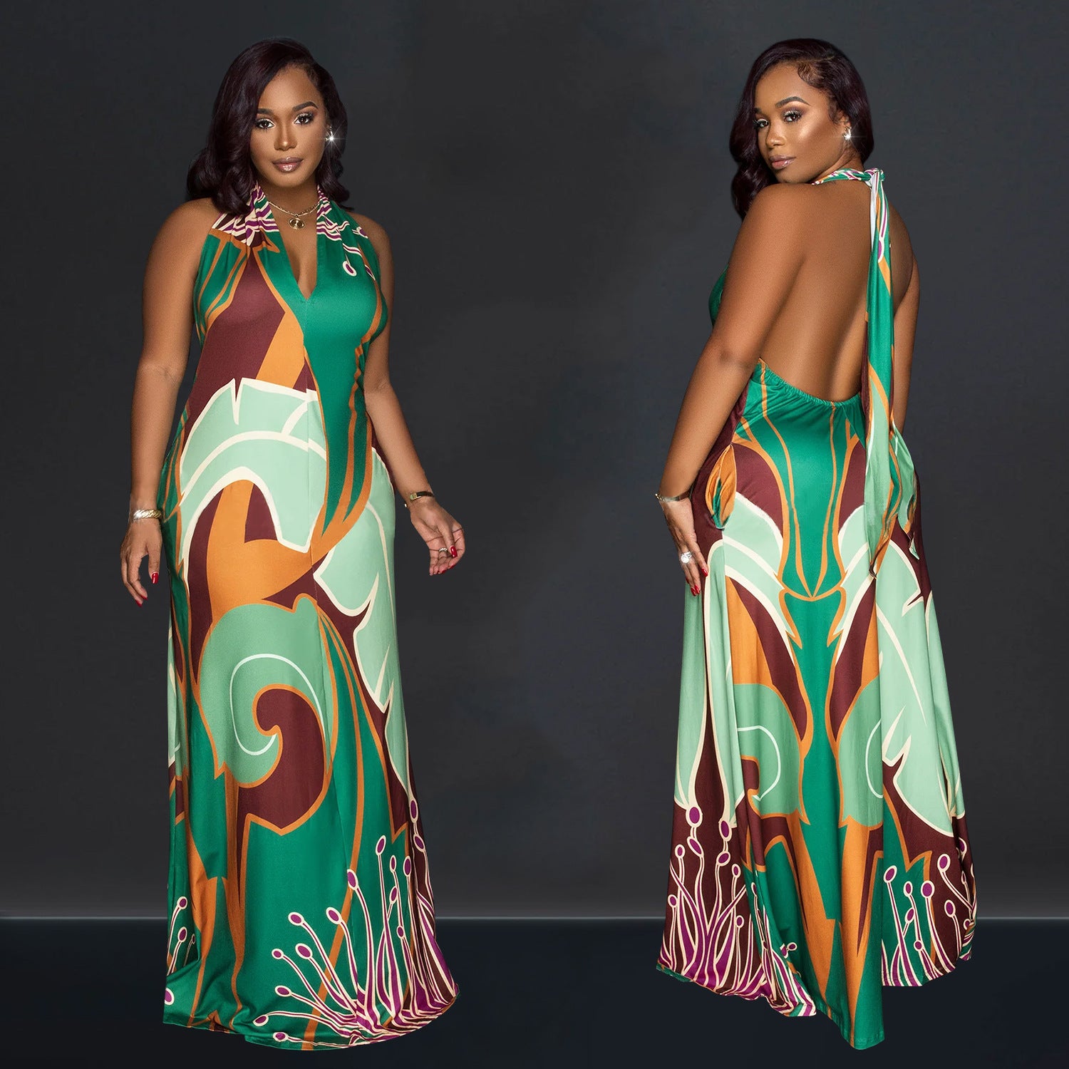 Fashionable Women's Sexy Printed Sleeveless Low Back Maxi Dress 3