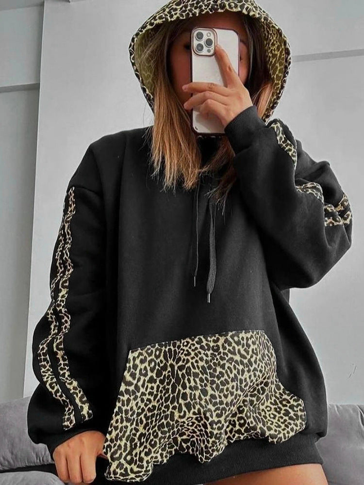 Women Leopard Patchwork Drawstring Pocket Loose Casual Hoodies 5