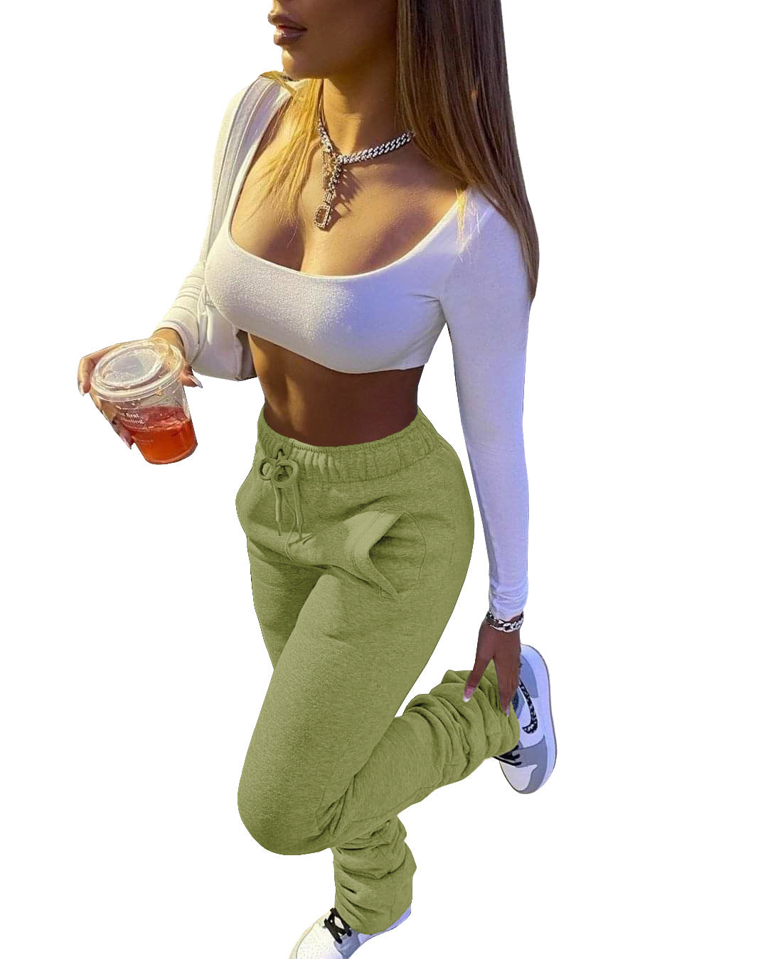 Women Fleece Sports Casual Drawstring Pockets Stacked Pant 22