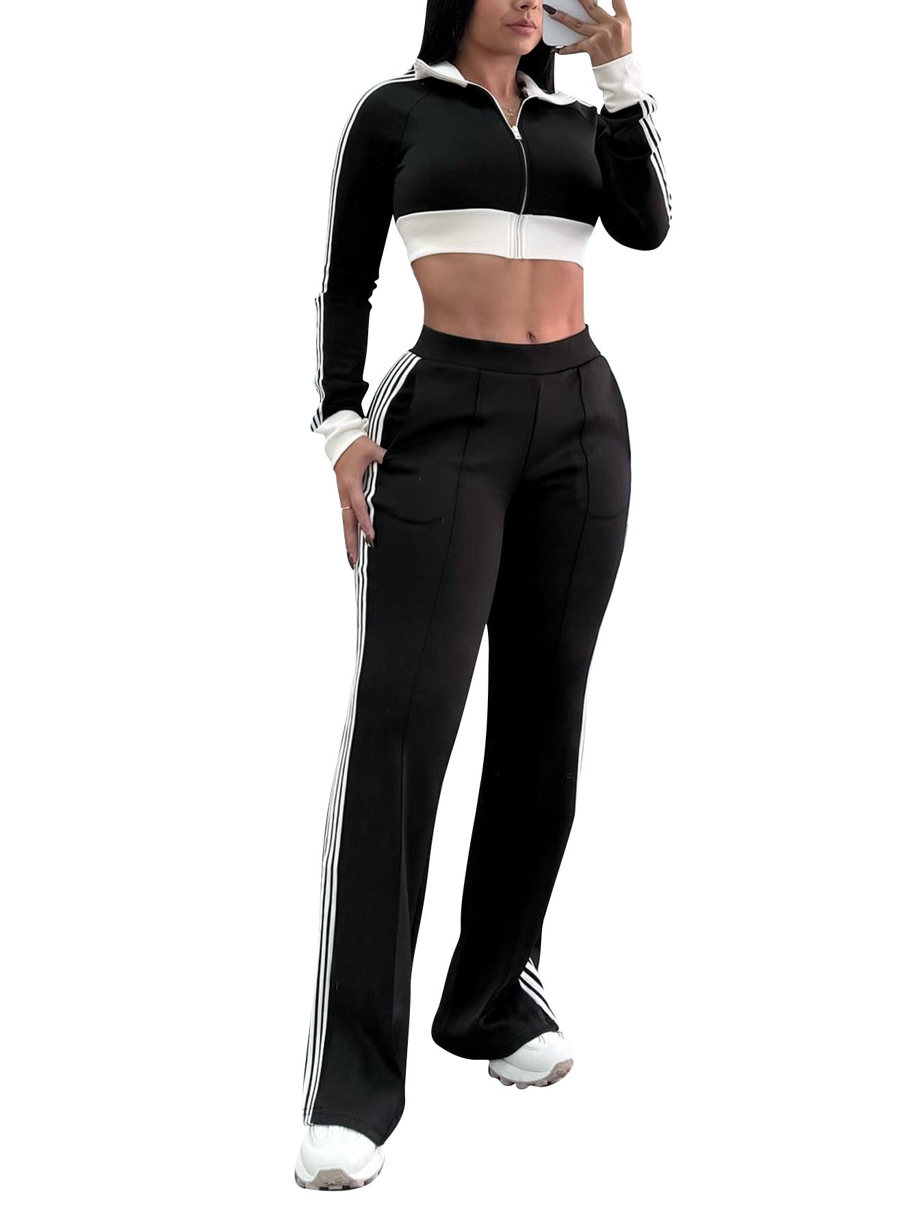 Women's Color-Blocked Casual Zip-Up Long Sleeve Top & Side-Stripe Sporty Pants Autumn/Winter Set 4