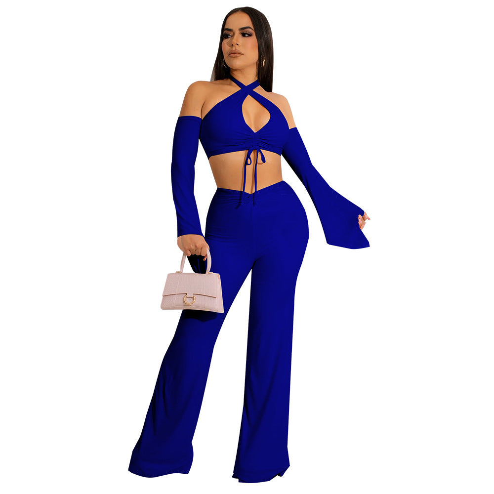 Women Fall Sexy Halter Neck Tie Crop Top+ Pants Two Piece 7