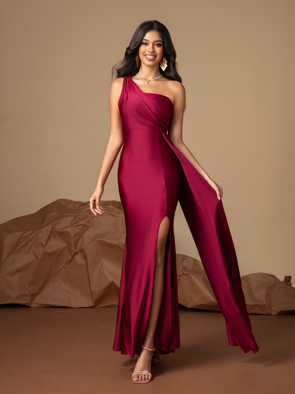 Women sleeveless one-shoulder sexy slit evening dress