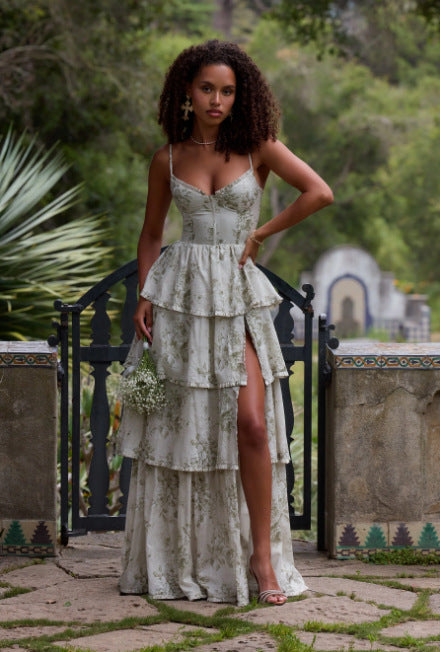 Women Spring Summer Elegant Holidays Suspender Printed Dress