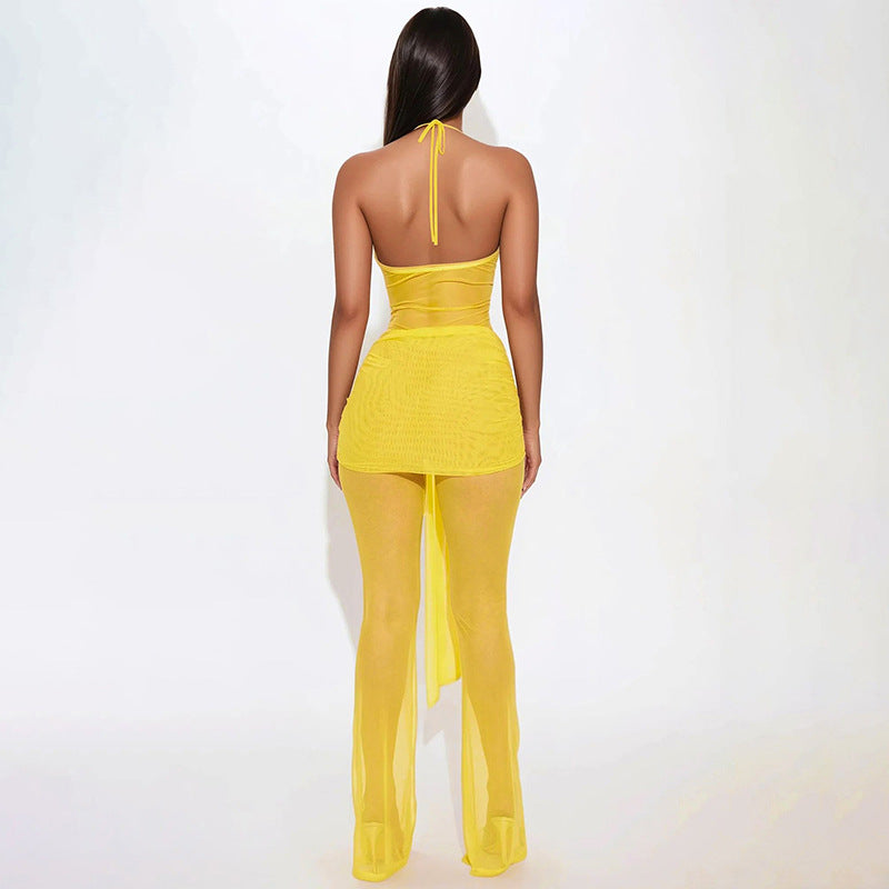 Women's Spring and Summer Halter Neck Open Waist Mesh Drawstring See-Through Hollow Ribbon Jumpsuit