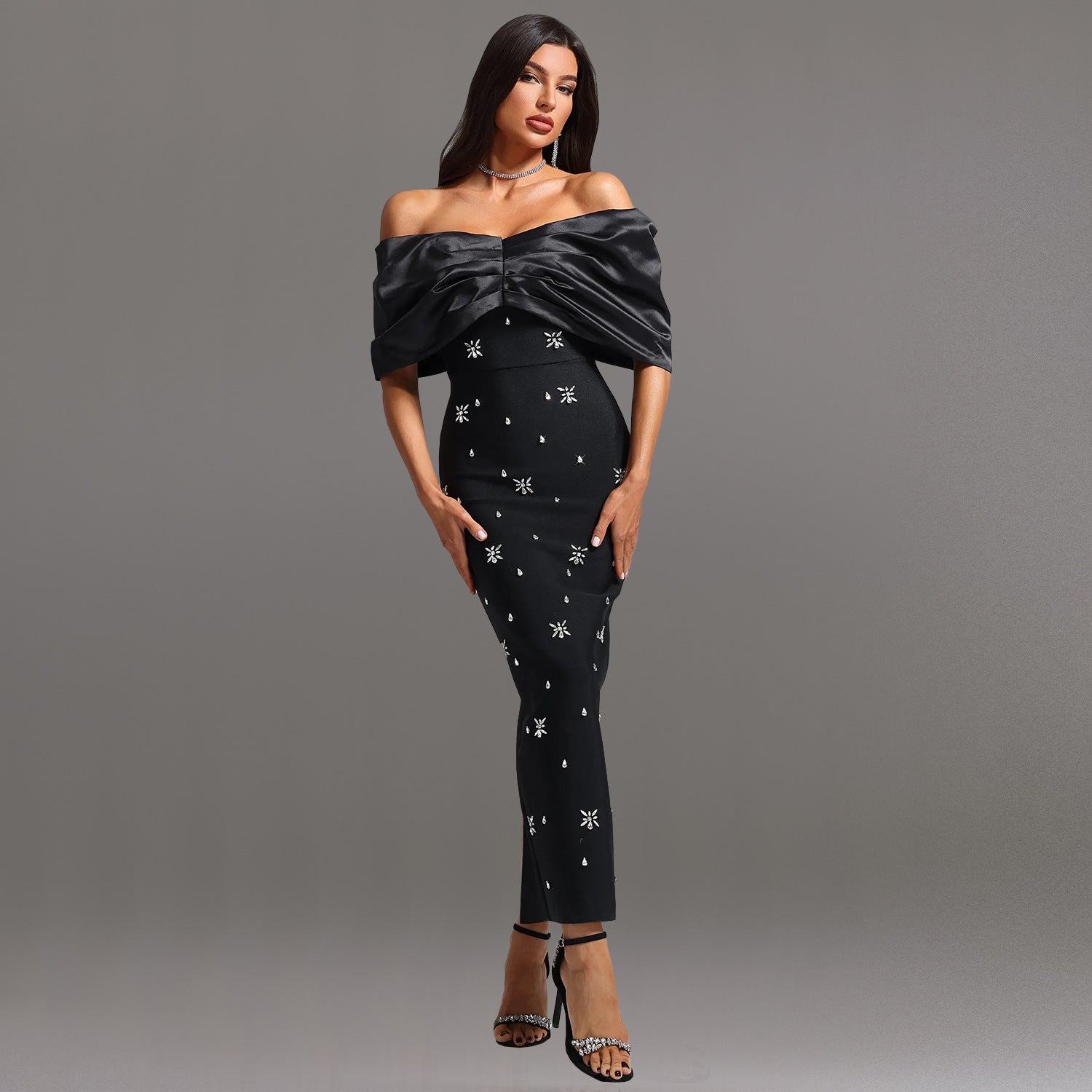 Chic Slim Waist Off-Shoulder Beaded Dress for Women 4