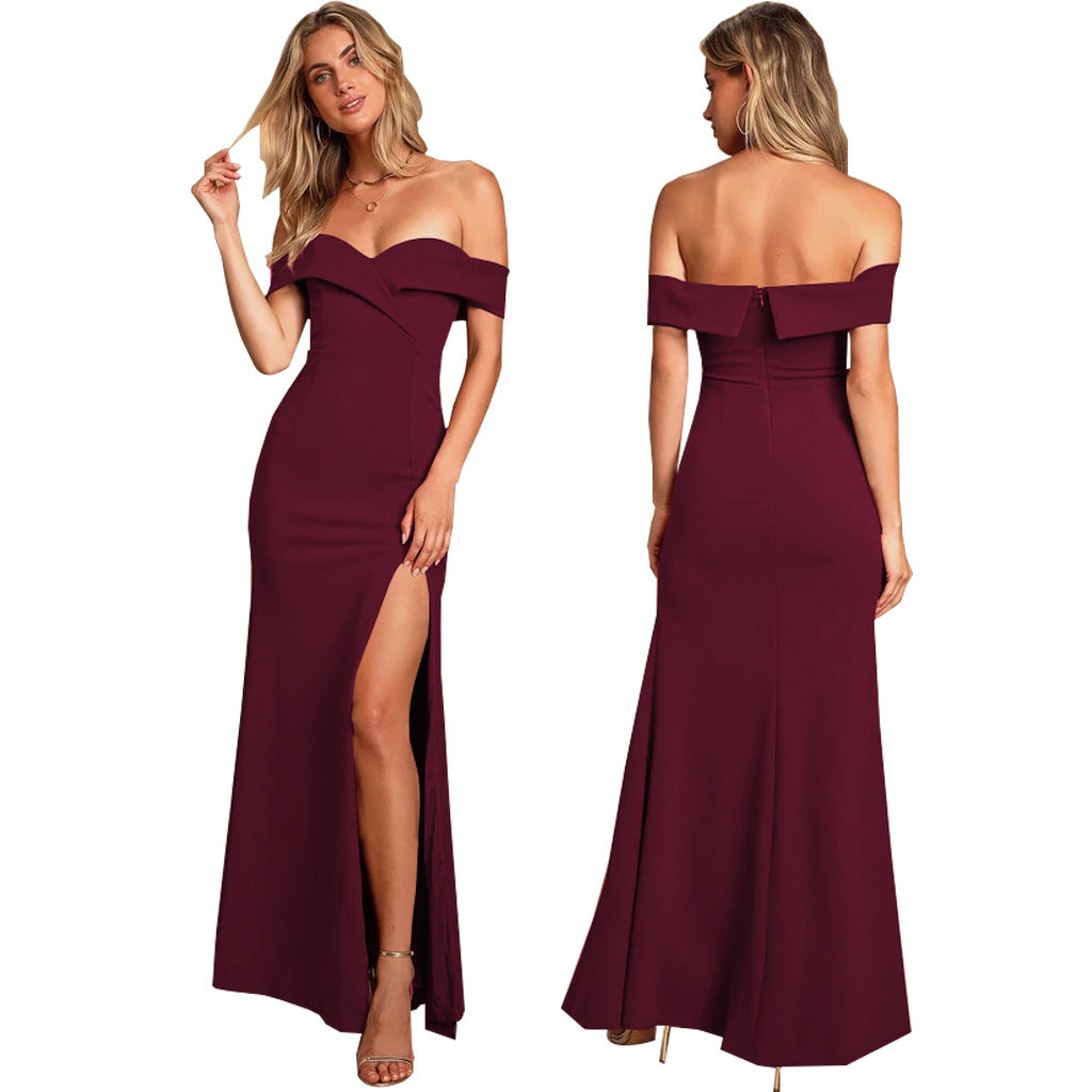Women'S Sexy Fashion Solid Color Off Shoulder Slit Evening Dress 16
