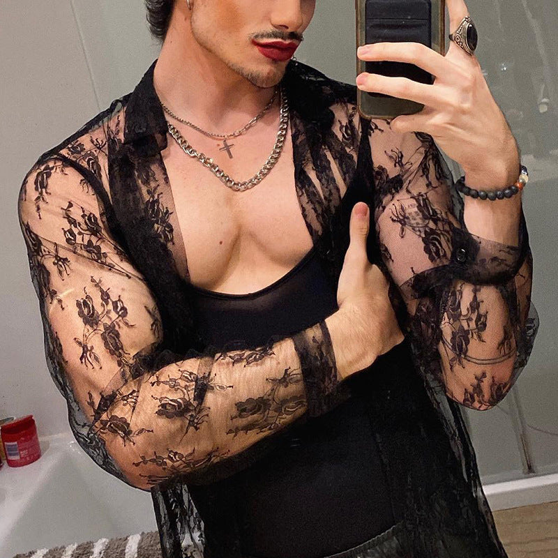 Men's See-Through long-sleeved lace shirt 4