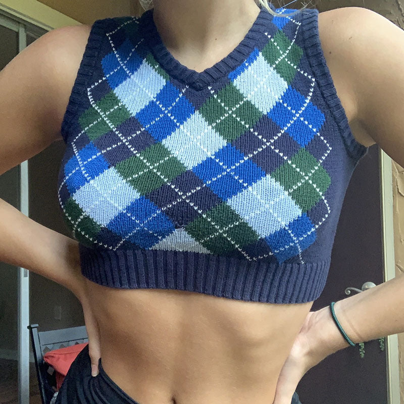 Women Solid Plaid Sleeveless V-Neck Sweater 4