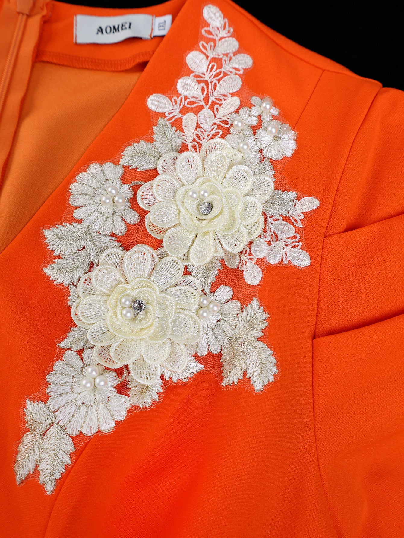 Plus-Size Women Orange V-Neck Embroidered Flower Puff Sleeve Church Wedding Bodycon Fishtail Dress 5