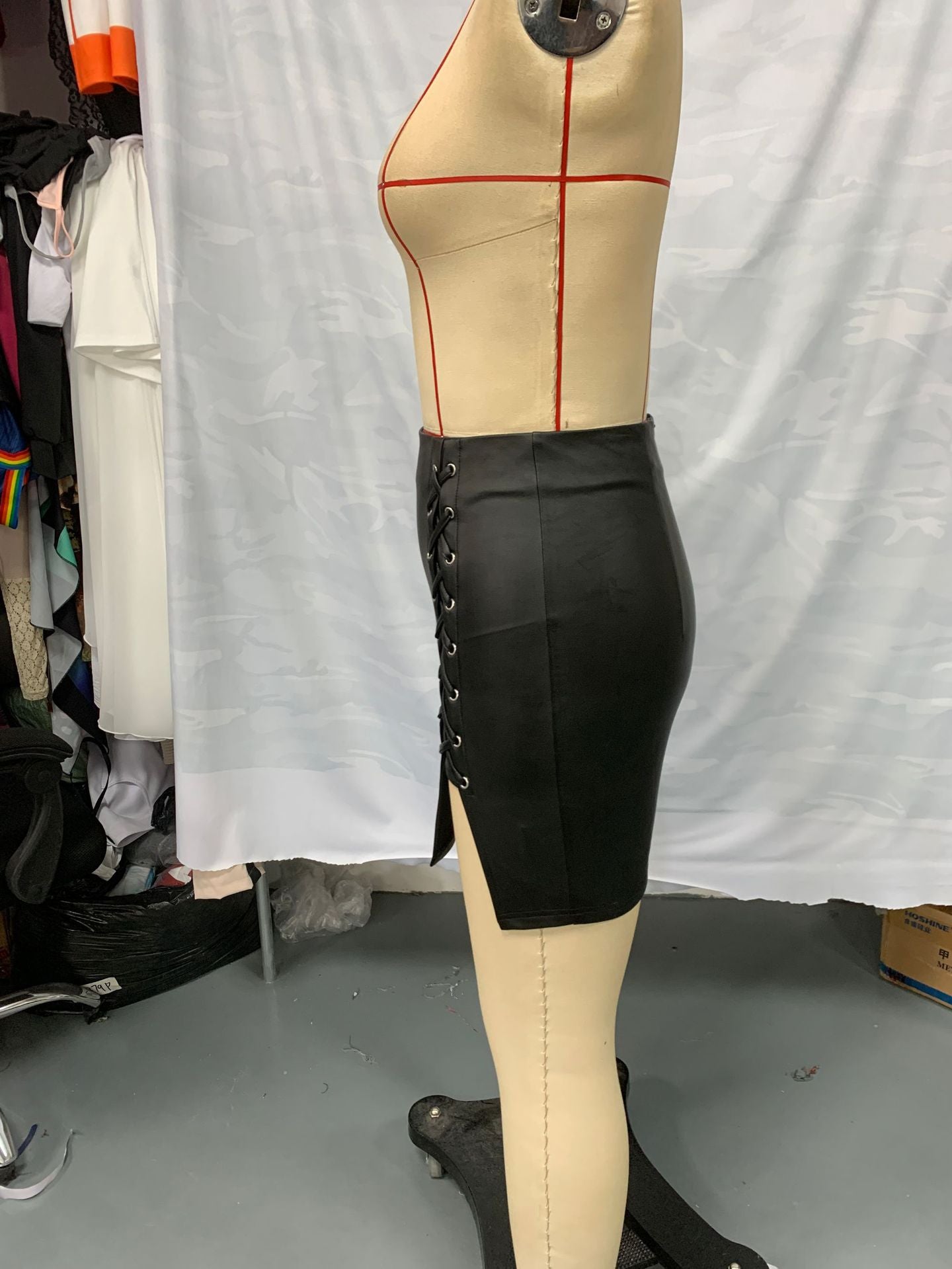 Women Lace-Up Bottom Slit Pu Leather Bodycon Skirt 5