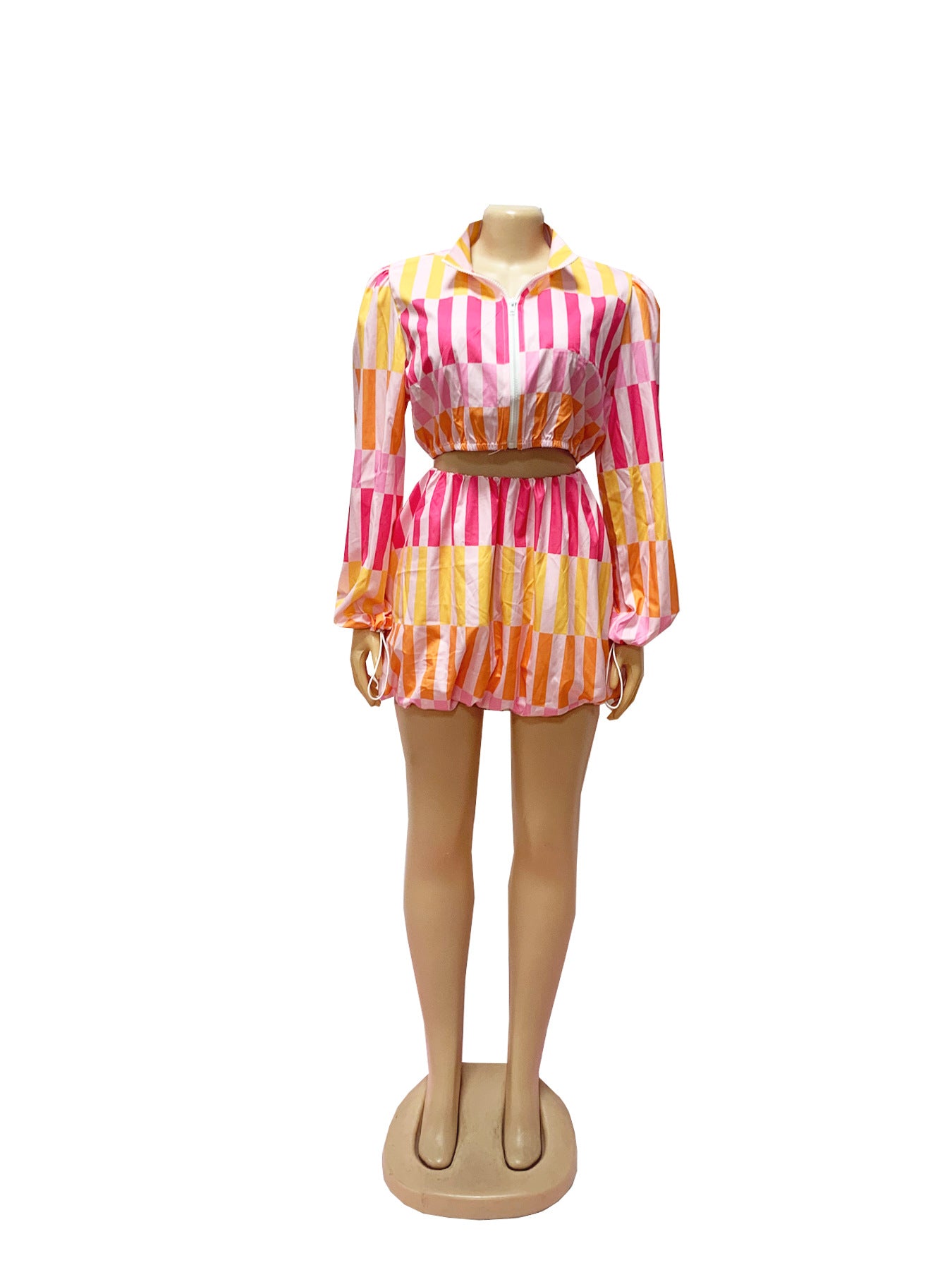 Women zipper cute puff sleeve striped shirt and Skirt two-piece set 15