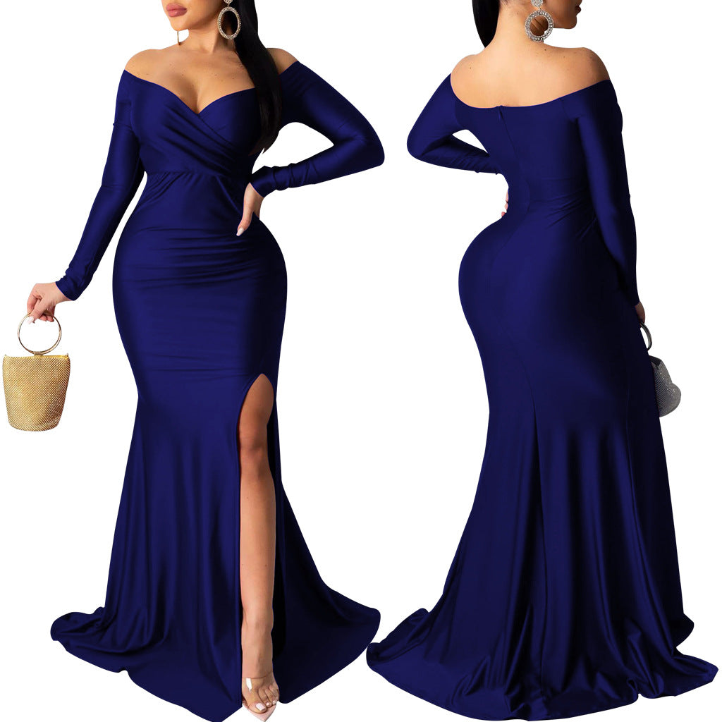 Sexy Fashion Big V-Neck Solid Off Shoulder Slit Evening Dress 8