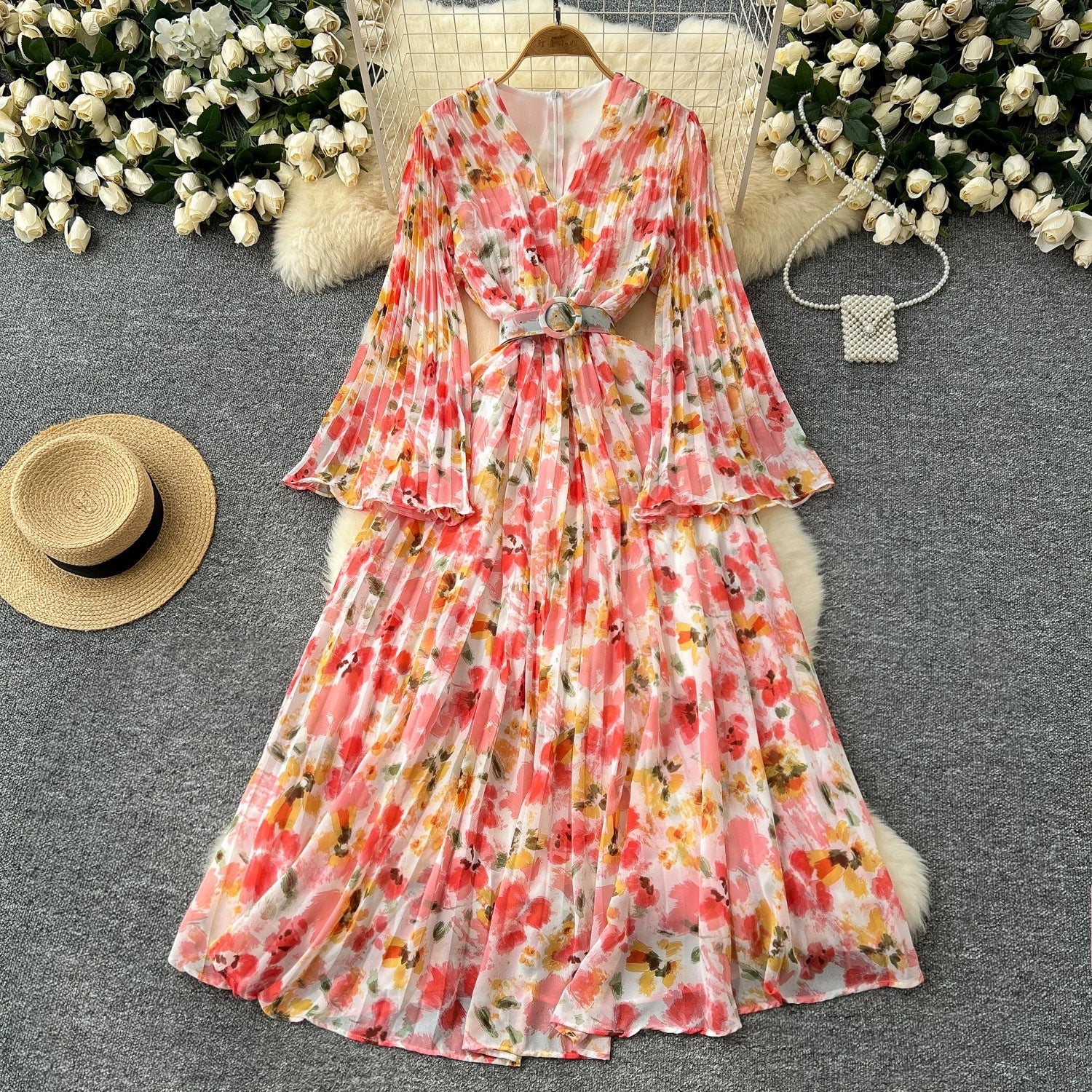 V-Neck Bell Bottom Long Sleeve Print Chiffon Dress Autumn Slim Waist  Chic Knee-Length Dress
