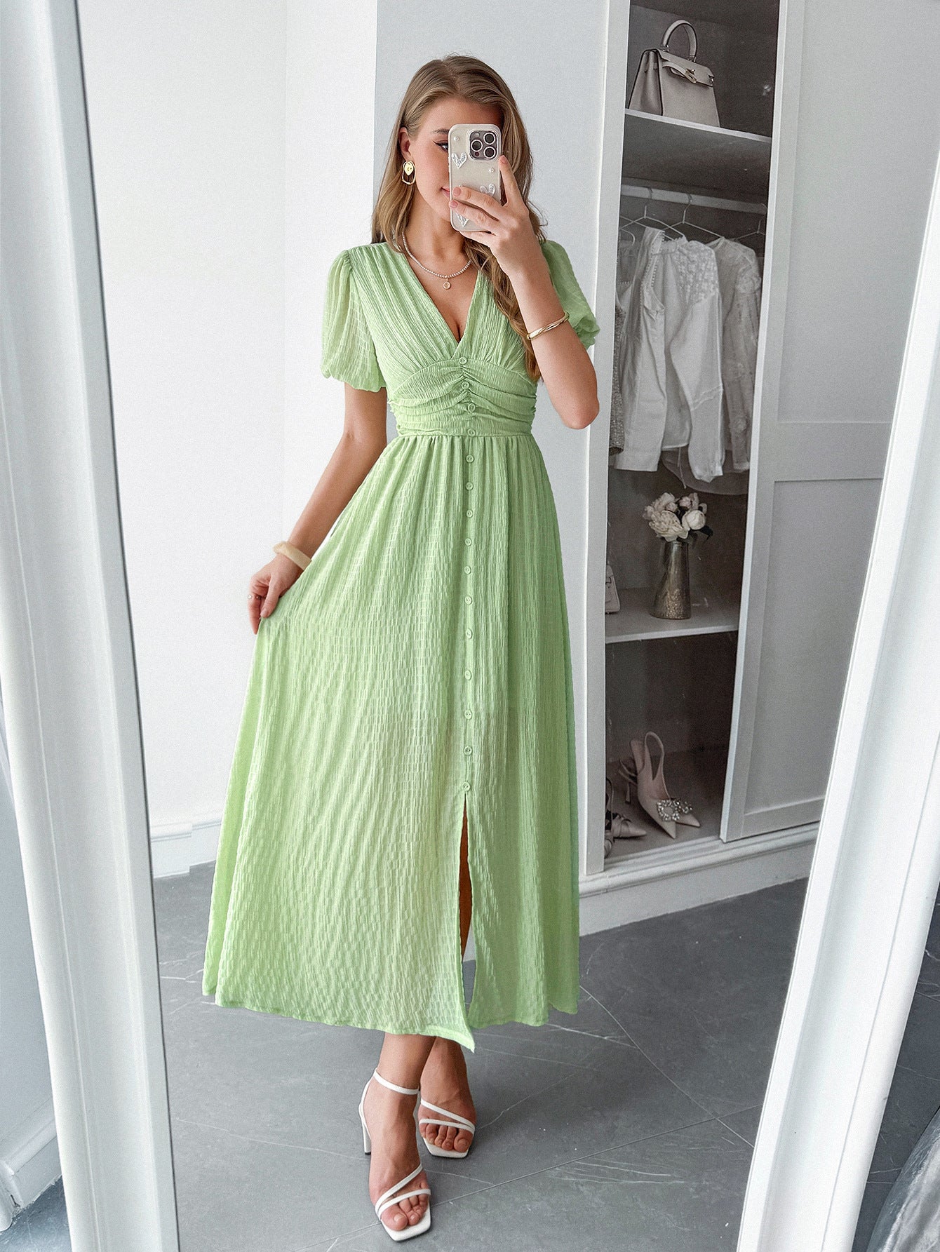 Spring/Summer Women's Chic Holidays Deep-V Short-Sleeve Long Dress 14