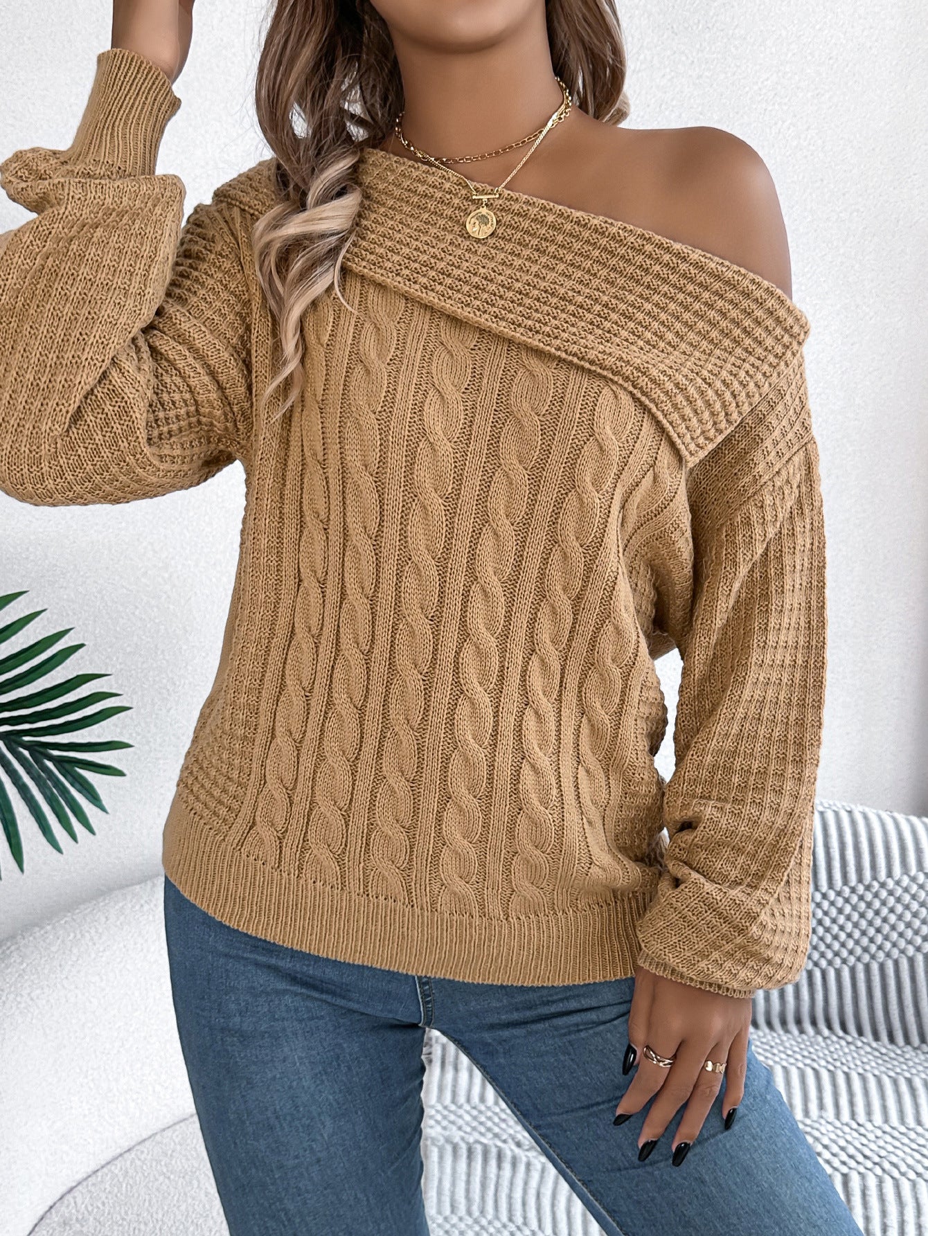 Autumn and winter casual sexy Turndown Collar off-shoulder twisted long-sleeved pullover sweater 4