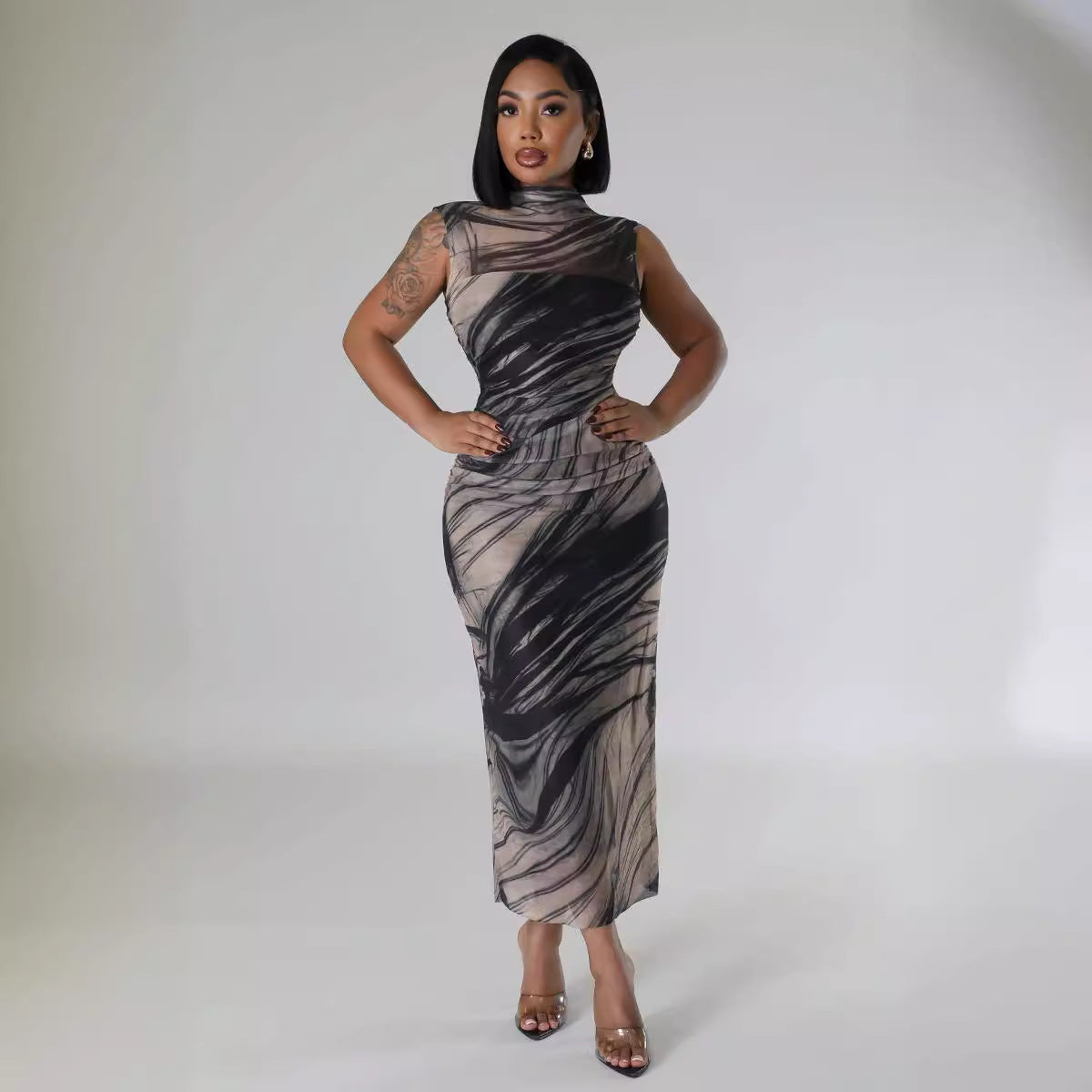 Women mesh elegant sleeveless printed dress 5