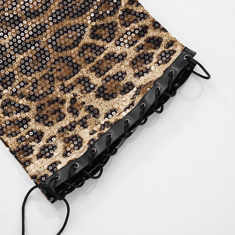 Women's spring and summer leopard print sequin low waist hollow slit Lace-Up skirt 16