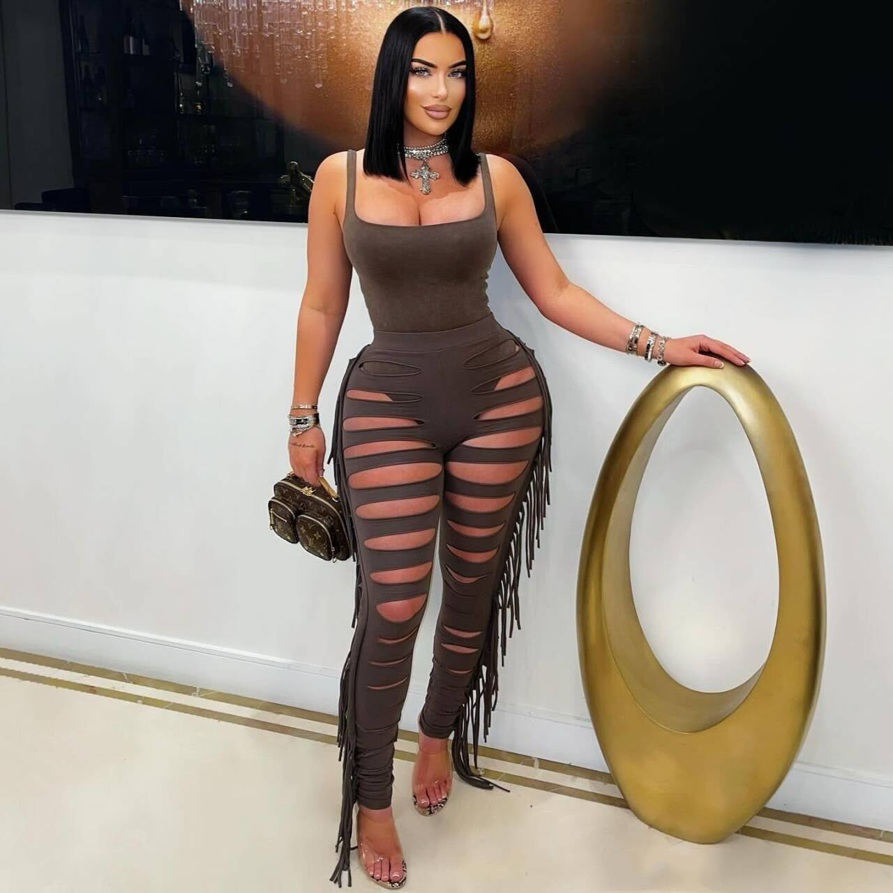 Fashion Sleeveless Bodysuit Cut Tassel and Tight Pants Set for Women