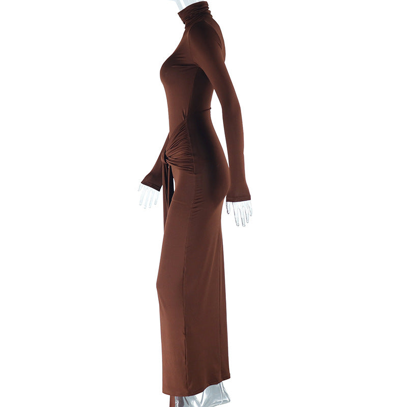 Women's Solid Color Round Neck Long-Sleeved Streamer Tie Chic Long Dress 12