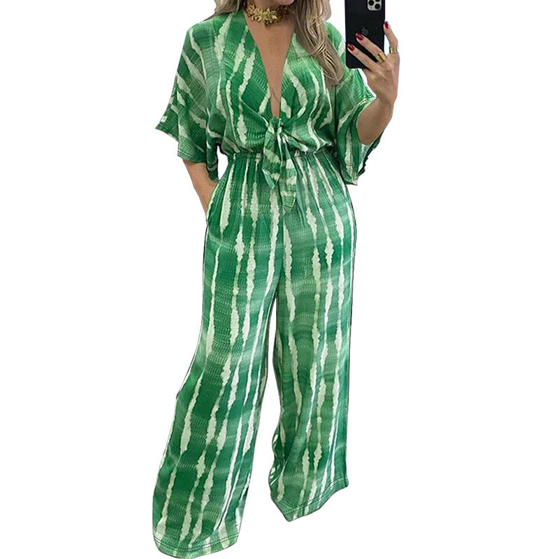 Plus Size Women Lace-Up Half-Sleeve Jumpsuit 9