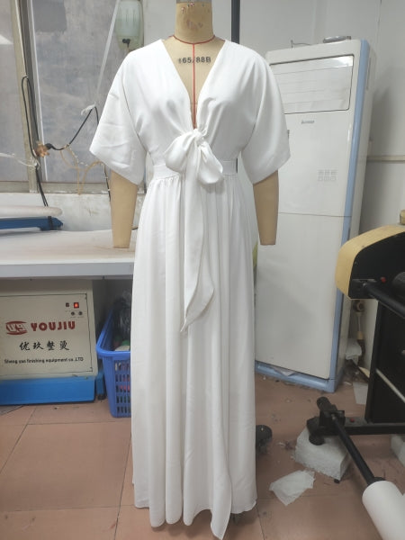 Elegant White V-Neck Slit Half-Sleeve Bow Tie Spring And Summer Women's Dress 10