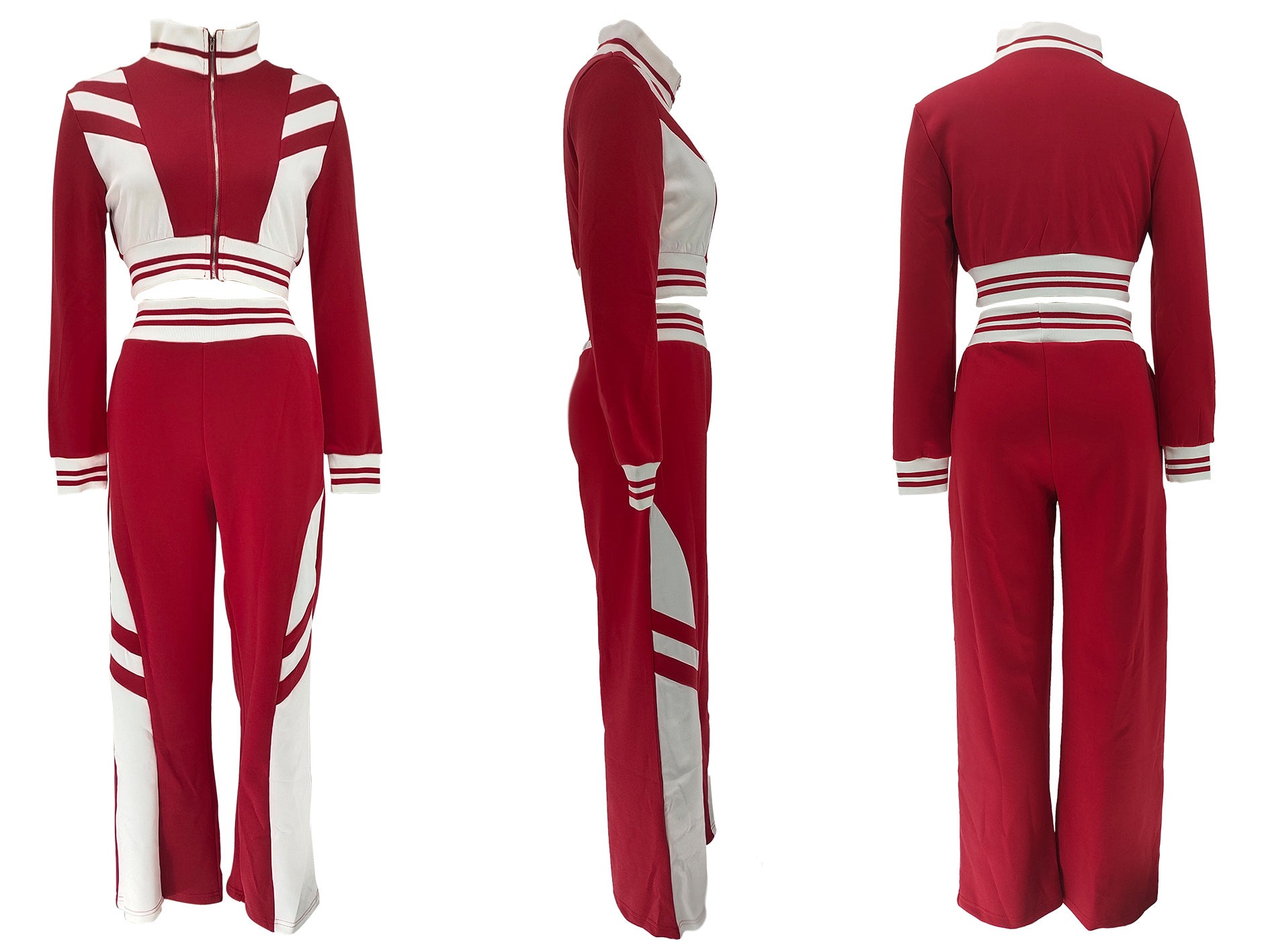 Women autumn and winter high collar zipper Top and Contrast Color trousers Two Piece Set 10