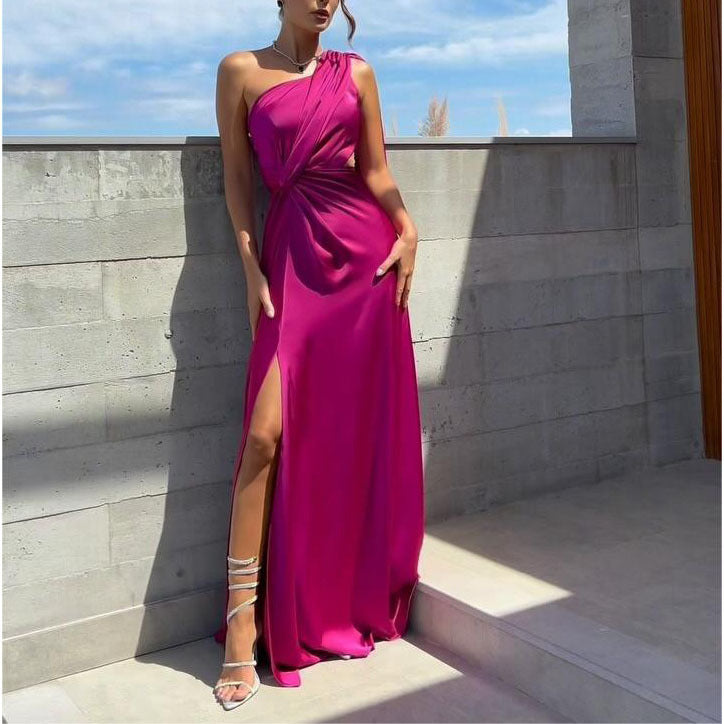 Sexy Women's One-Shoulder Gathered Slit Satin Dress 3